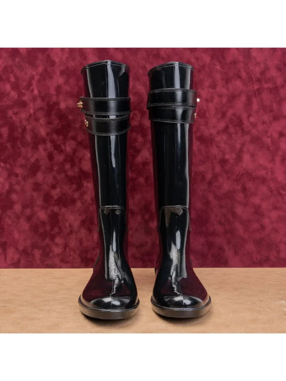Coach Women Black Gloss Riding Equestrian Wellies Rubber Boots sz 11